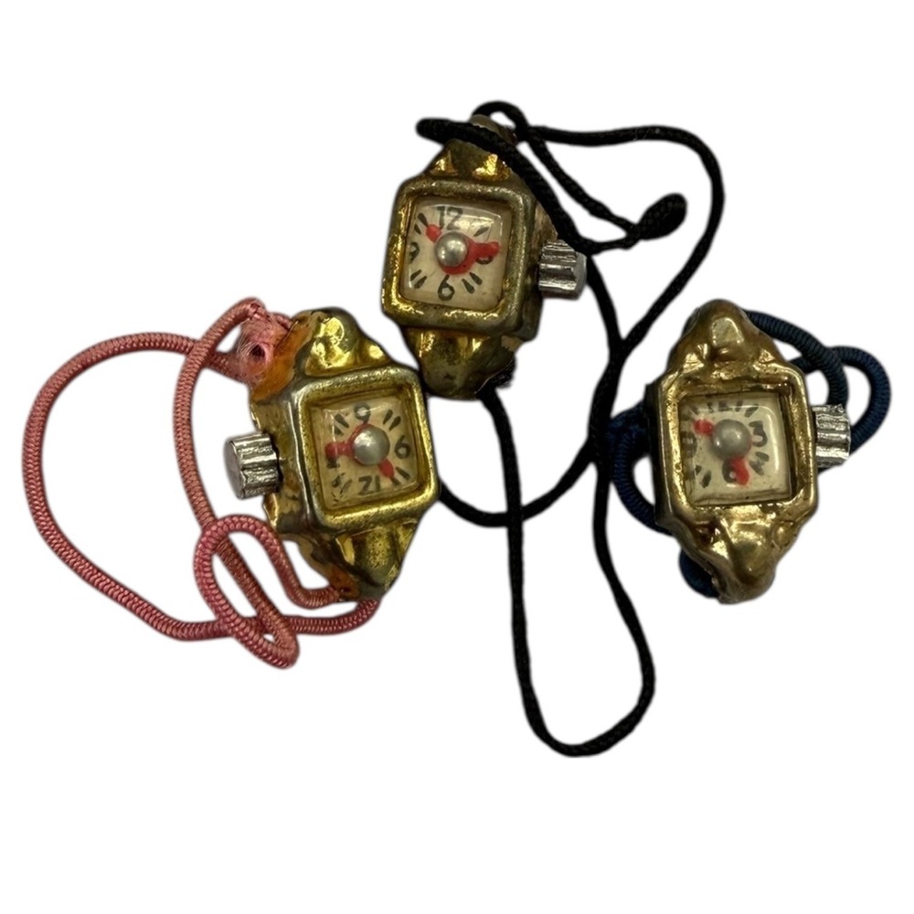 Lot of 3 Vintage Miniature Square Face Cord Watches Cracker Jack Toy 30s-50s